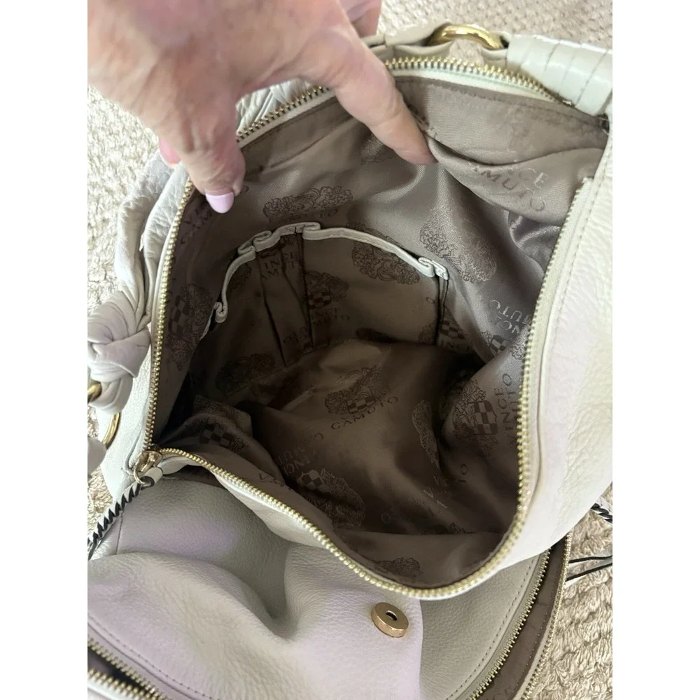 Vince Comuto Cream Pebbled Leather Pleated Hobo Bag Slouchy Braided Tassel Y2K